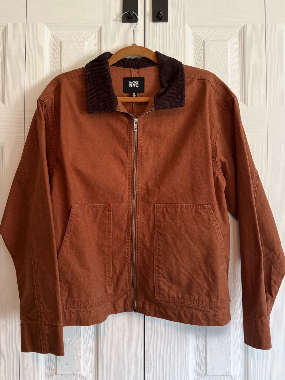 Madden NYC Rust Brown Zip-Front Lightweight Jacket with Dark Corduroy Collar